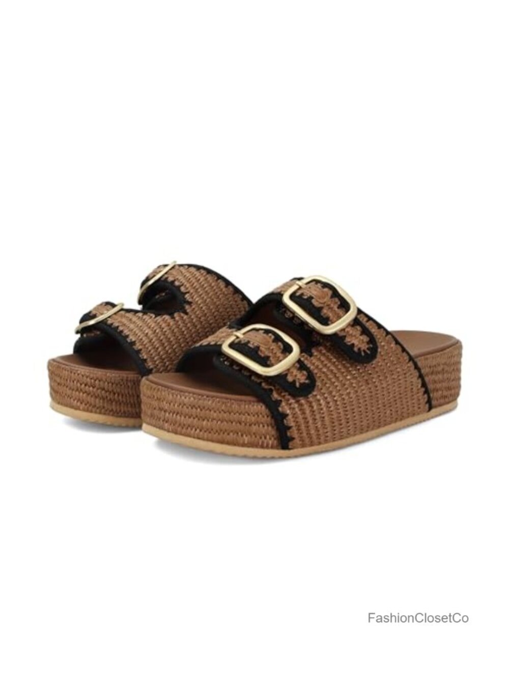 Raffia Platform Slide Sandals for Women Double Buckle Adjustable Espadrille